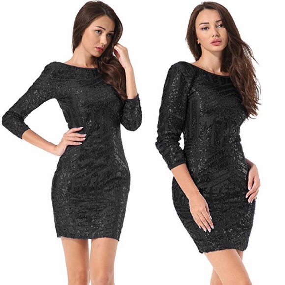 Black Sequin Glitter Bodycon Cocktail Party Dress - Picture 2 of 8